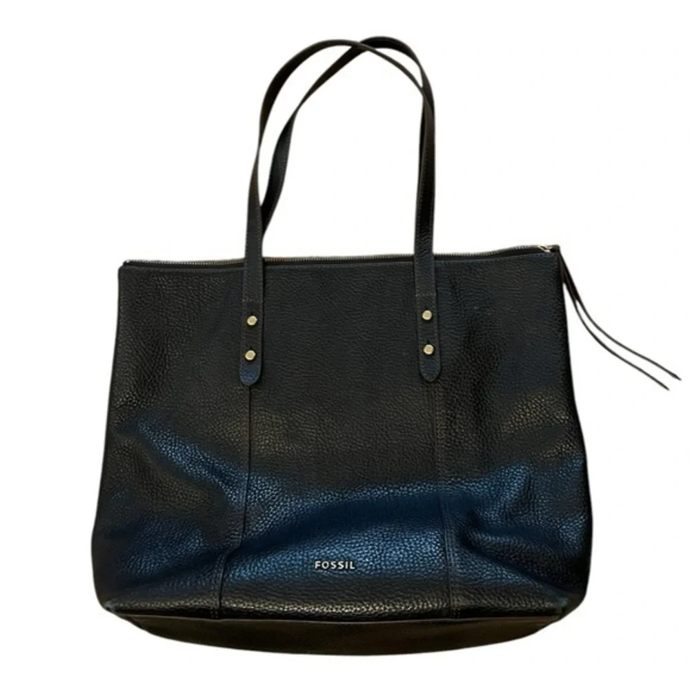 FOSSIL black pebbled leather zip top tote bag - Picture 1 of 9
